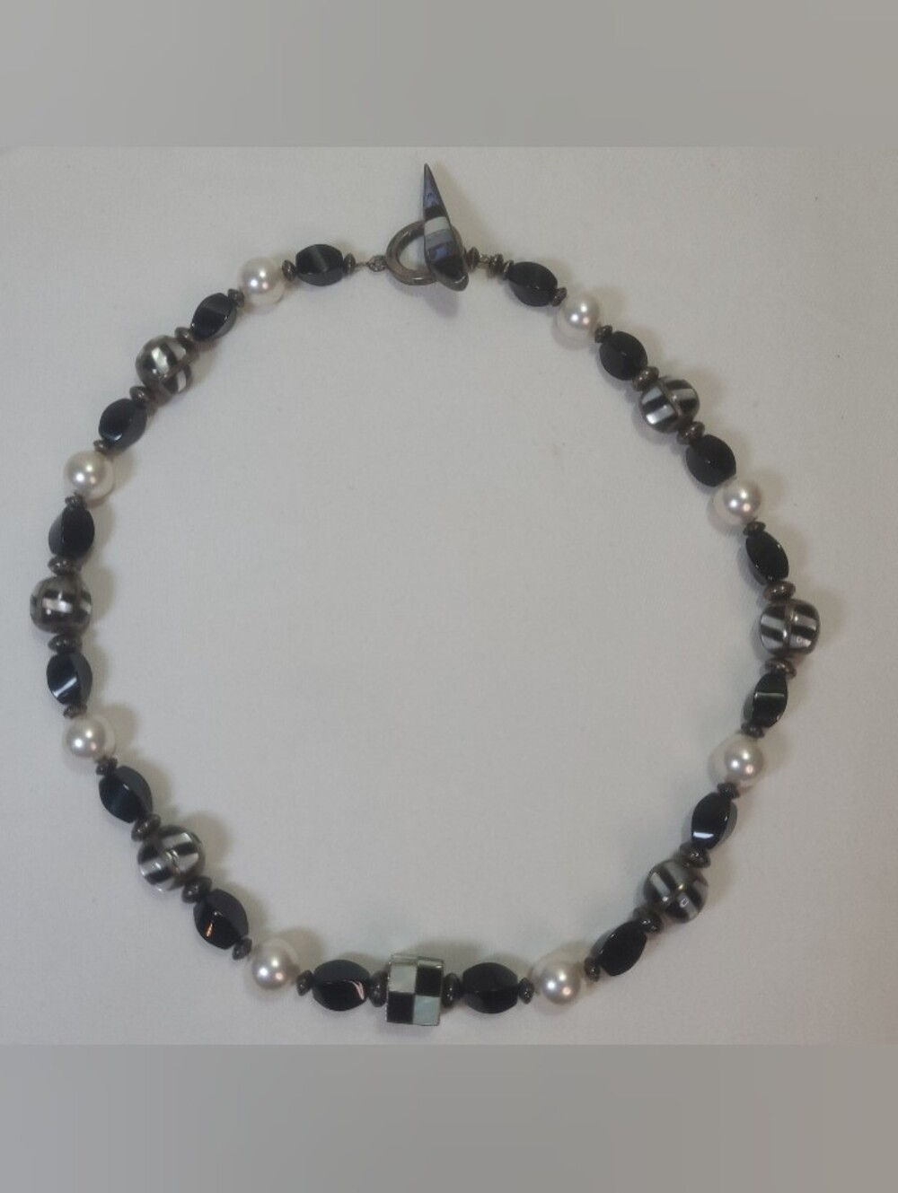 Katherine Chiquito Navajo Sterling Silver Mother of Pearl Onyx Inlay Necklace